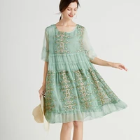 summer new plus size loose show thin a line dress embroidered oversize chiffon elegant dress round neck flare sleeve dresses