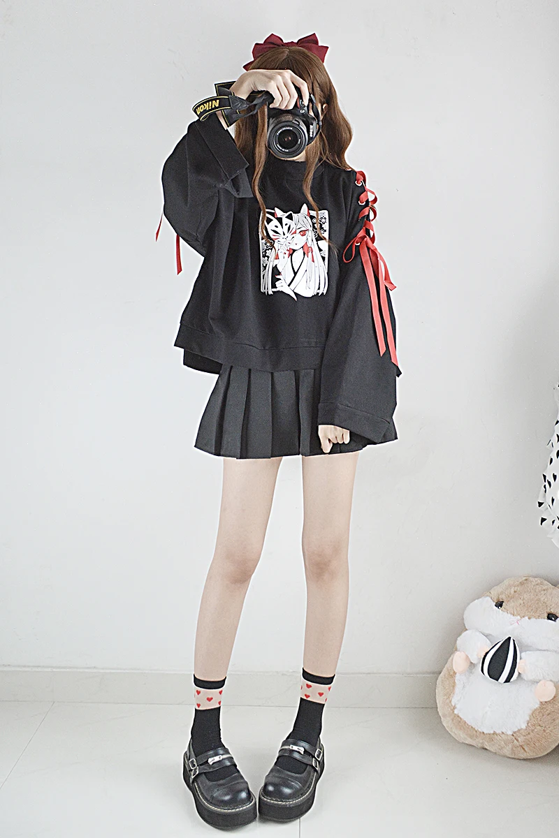 

Ancient Diablo Bandage Short Cool Hoodies Women Japanese Autumn Winter Turtleneck Fox Demon Print Pullover Girl Sweatshirt Tops