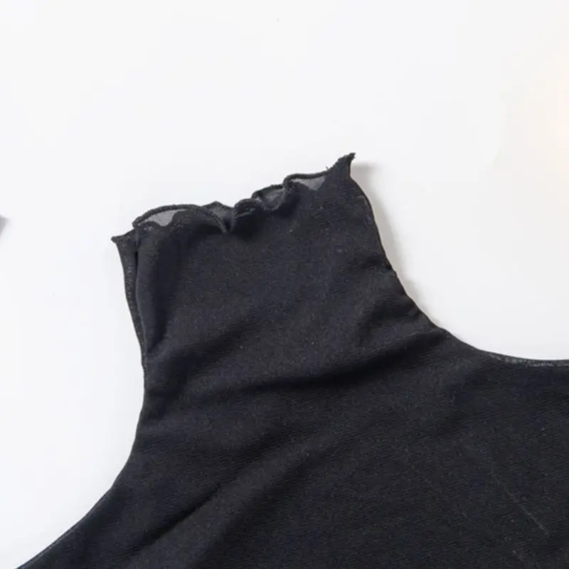 

Korean Women Girls Pleated Turtleneck False Collar Pullover Vest Style Crop Top Sheer Mesh Ruffles Decorative Thin Half-Shirt
