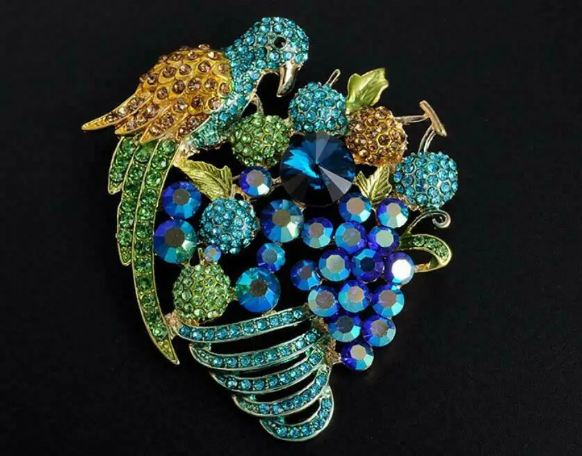 

Fashion Style Fruit Parrot Bird Animal Green Brooch Pin Rhinestones Crystal Brooches For Women Aka Sorority Gifts