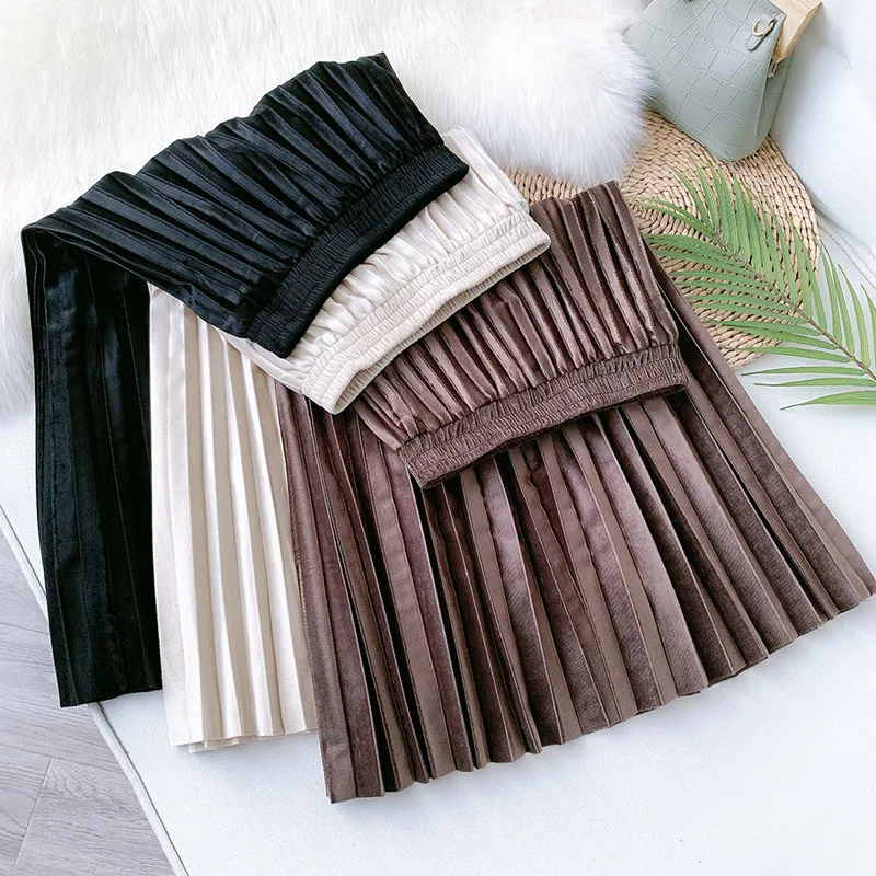 

OHRYIYIE Autumn Winter Vintage Velvet Skirt Women 2020 New Casual Button Pleated Skirt Female High Waist All-Match Midi Skirts
