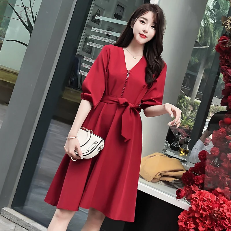 2020 The New Spring Women Bohemian Dress V-Neck Vintage Korean Fashion Elegant Ladies Party Casual Sexy Red Maxi Clothes | Женская