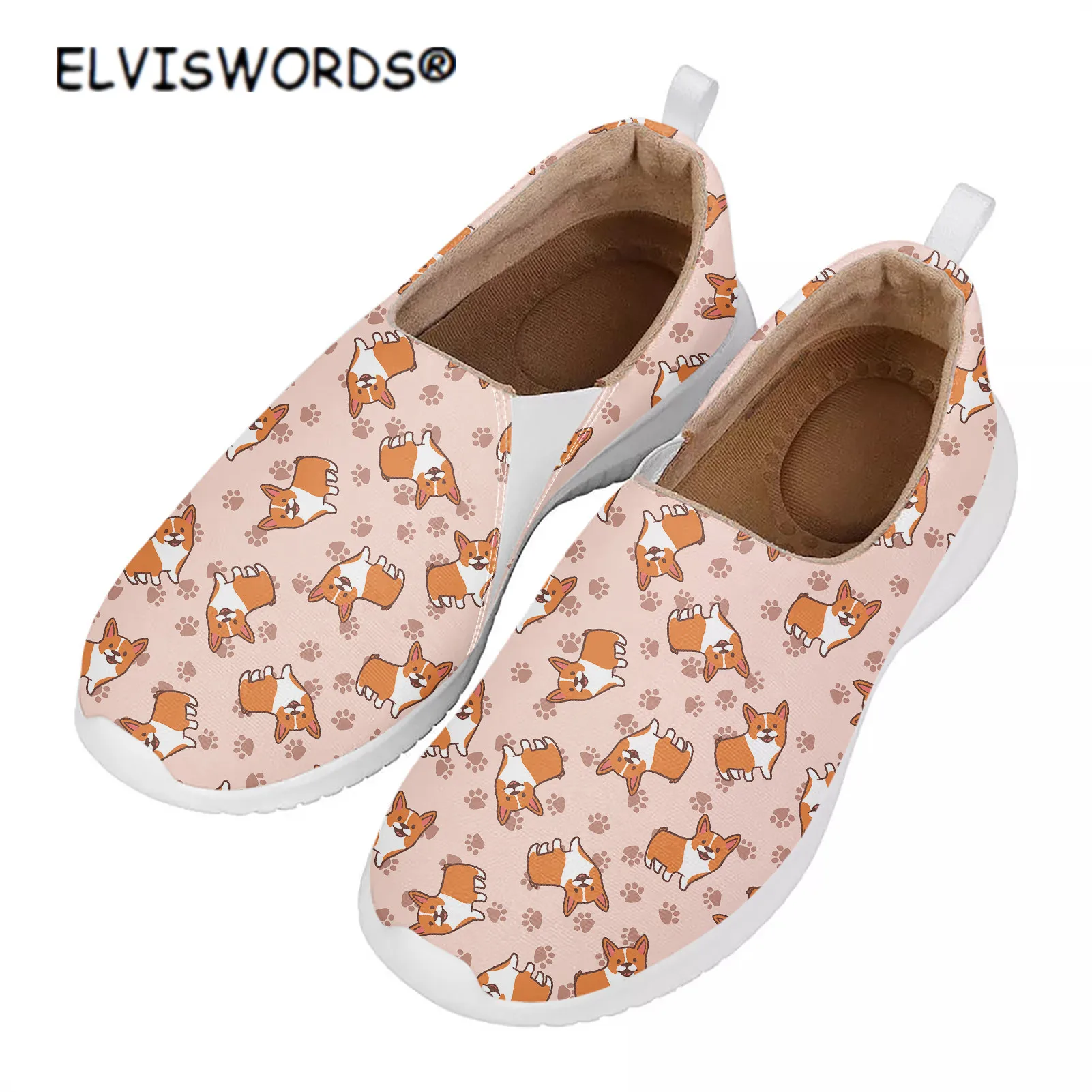 

Кроссовки ELVISWORDS женские с милым мультяшным корги, повседневная сетчатая обувь на плоской подошве, брендовые дизайнерские мягкие кеды