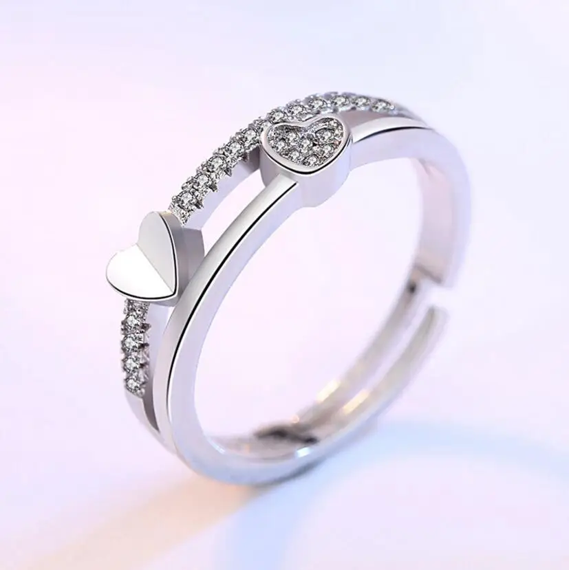 

LEKANI 925 sterling silver New Woman Cubic zirconia silver ring opening the adjustable ring asymmetrical heart-shaped jewelry