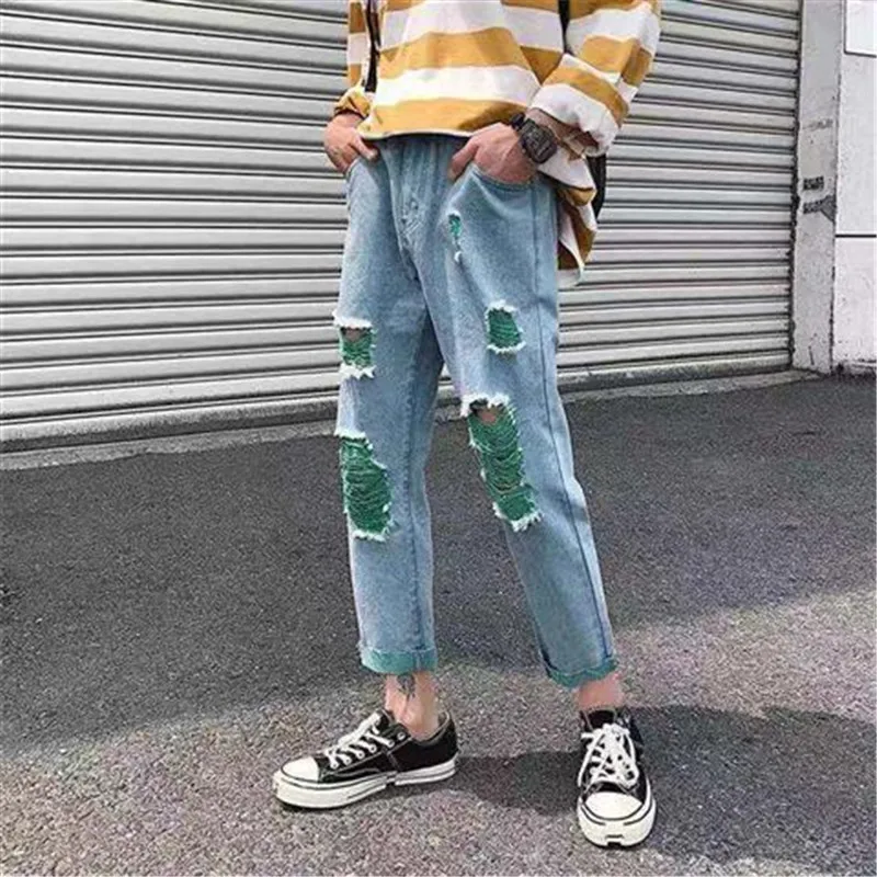 

Summer Jeans Men Denim Blue Jean Distressed Mens Jogger Pants Hip Hop Harem Stretch Man Teenager Trousers Cool Ripped Jeans