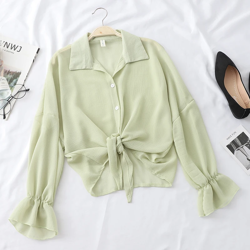 Блузка Женская Осенняя офисная на пуговицах с длинным рукавом и завязкой талии |
