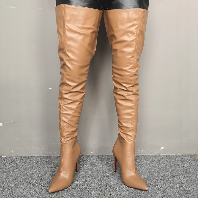 Женские сапоги выше колена винного цвета с острым носком на тонком высоком