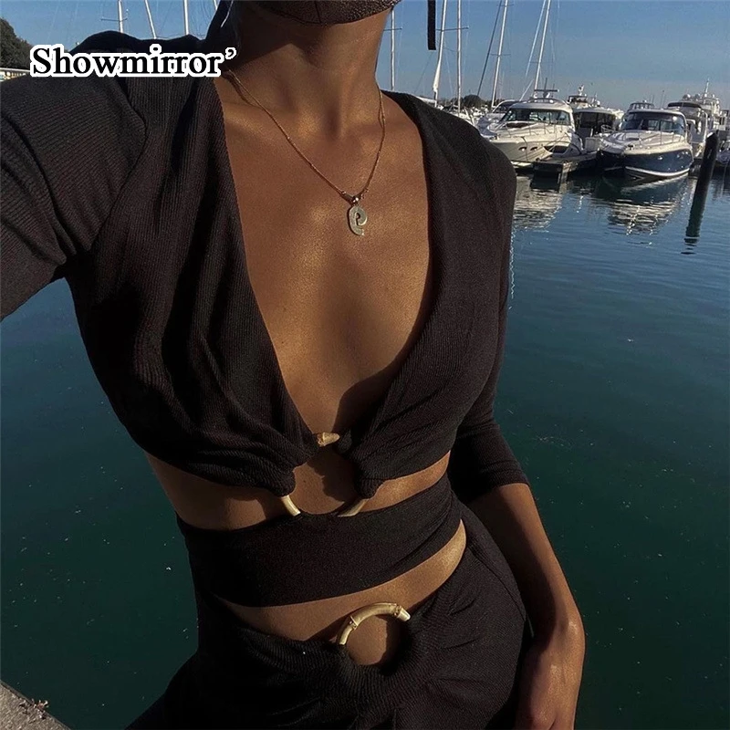 

Showmirror Sexy Bandage Dress Sets 2 Piece Set Women 2021 Fall Long Sleeve Midi Skirt Fashion Outfit Matching Sets Club Party