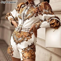 autumn printing female overalls elegant woman one piece lapel club outfits short party long sleeve fashion romper high waist