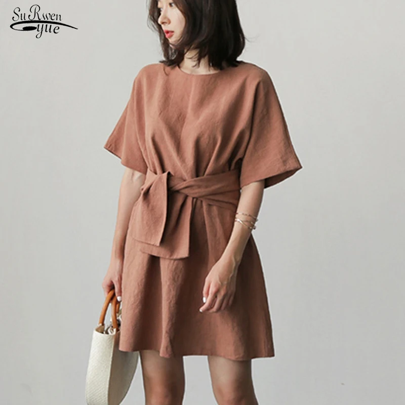 Женское хлопковое платье с круглым вырезом коротким рукавом | Женская одежда