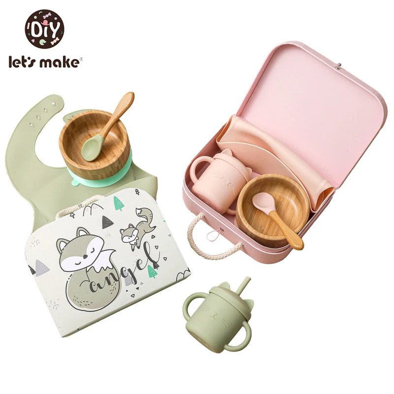 

Let's Make Baby Cutlery Set Bib Baby Feeding Wooden Bowl With Suction Cup Wooden Spoon Silicone Straw Drinking Cup Kids Gift Box