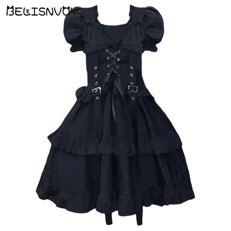 

Japanese Harajuku Women's Gothic Lolita Dress Gothic Punk Style Ruffles Bandage Sashes Black Dress Spring Summer Cosplay Costume