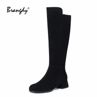 brangdy 2022 concise winter women knee hight boots genuine leather women shoes round toe zipper women winter boots with warm fur