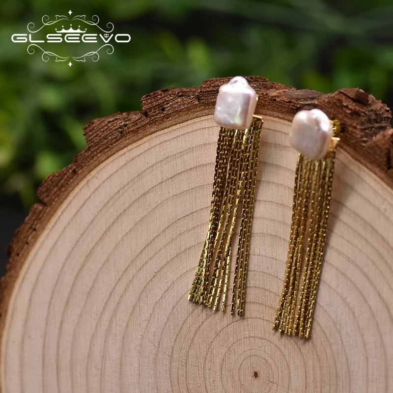 GLSEEVO Золотая кисточка необычные серьги-гвоздики пресноводный барочный жемчуг