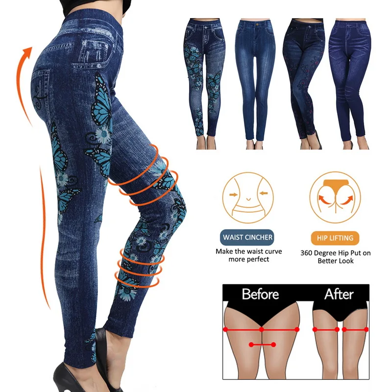

Dropshipping Women Fashion Seamless Cotton Lily Print Imitation Jeans Leggings Ladies Nine-Point Pants Leggings