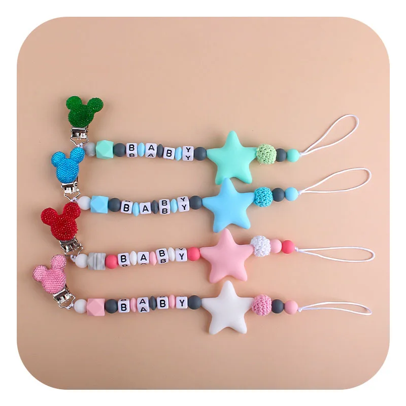 Cadena con clip para chupete de beb&eacute;, chupete con nombre personalizado, cuentas de dentici&oacute;n de silicona, regalo de cumplea&ntilde;os de beb&eacute;, Mickey-1