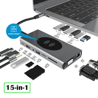 2022 15 in 1 usb c hub pd usb 3 0 tf 3 5mm rj45 type c to hdmi compatible vga wireless charger for household computer