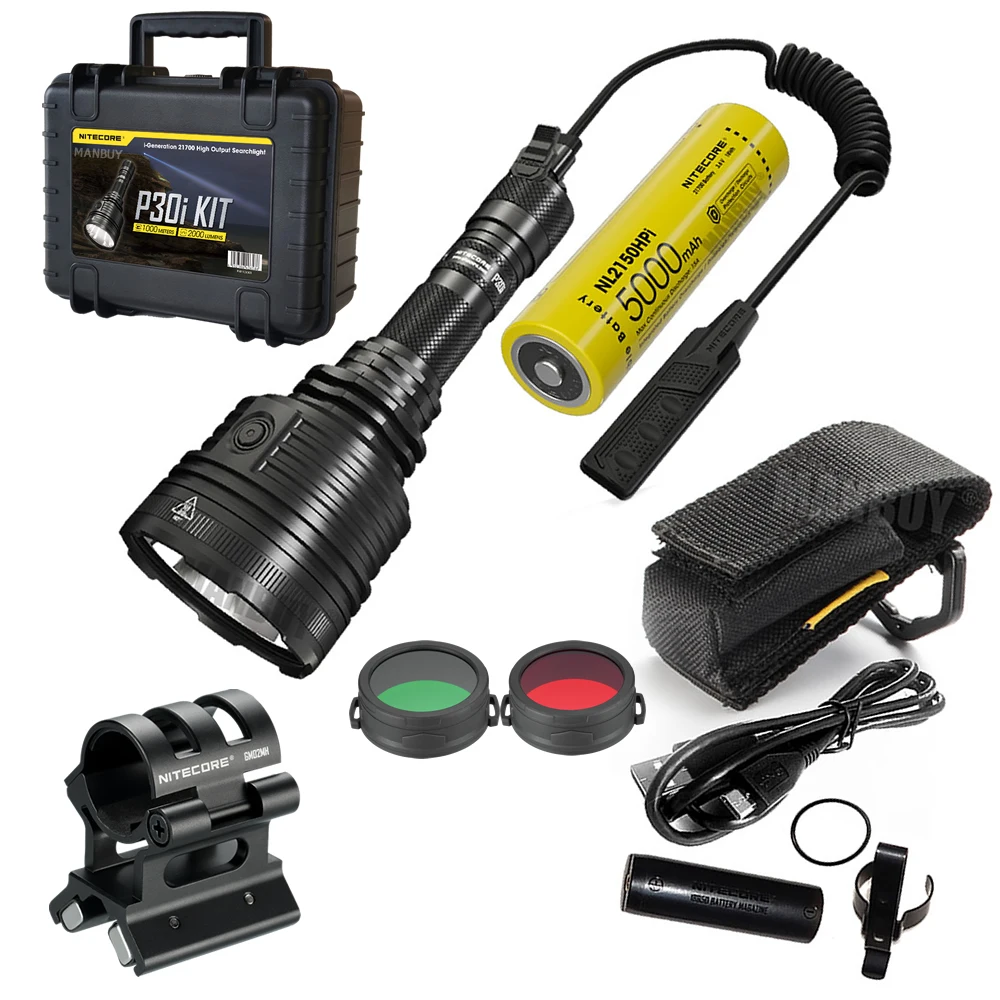 Дешево Комплект NITECORE P30i 2021, комплект для фонарика + оружейное крепление + фильтр + NL2150HPi 5000 мАч 21700, перезаряжаемая батарея + пульт дистанционного упр...