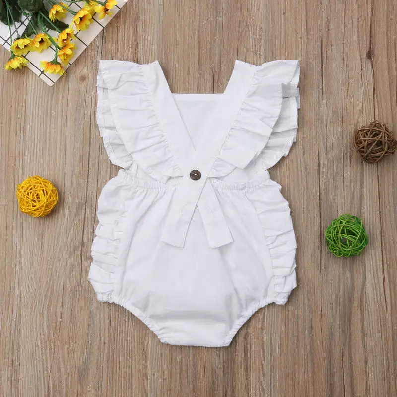 

2021 Summer Casual Newborn Baby Girl Ruffled Solid Color Sleeveless Backless Romper Jumpsuit Outfit Sunsuit