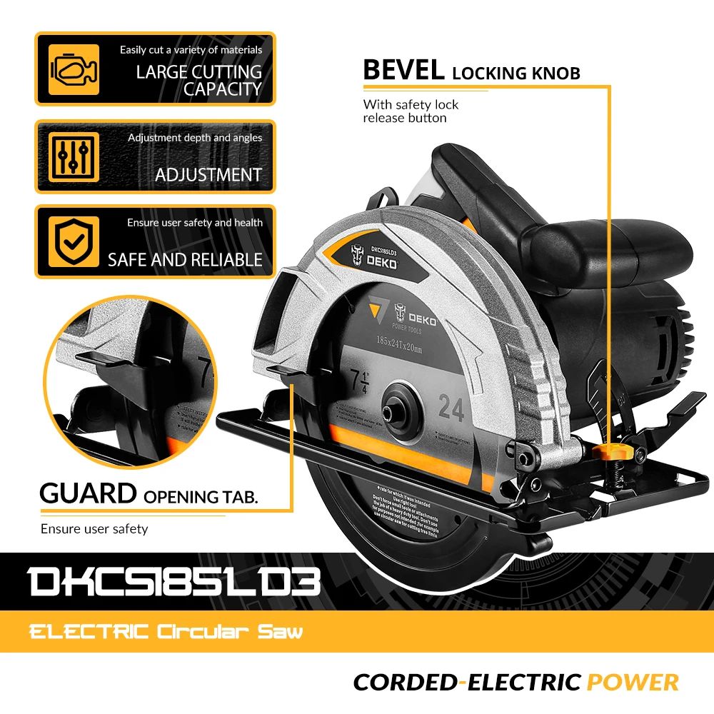 DEKO DKCS185LD3 / DKCS185L1 Sierra circular eléctrica de 185 mm Multifuncional Mdle Cutting Máquina de corte multifuncional y de alta potencia
