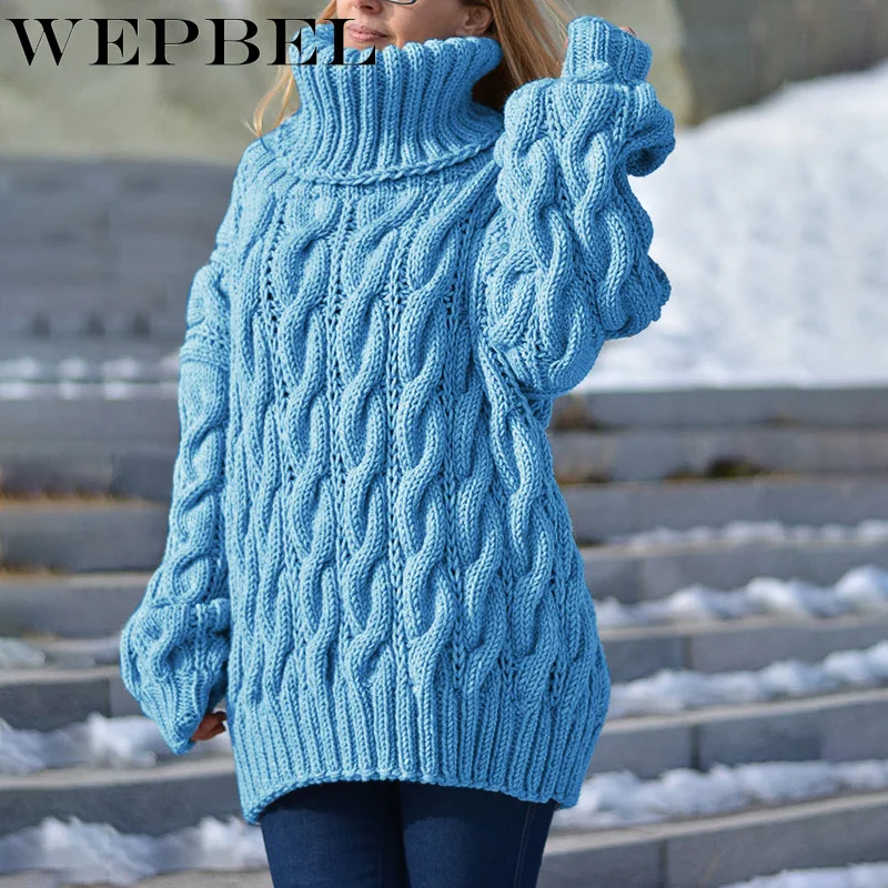 

WEPBEL Women Autumn Winter Loose Thick Knitted Pullover Sweater Ladies Long Sleeve Turtleneck Knitwear Outwear