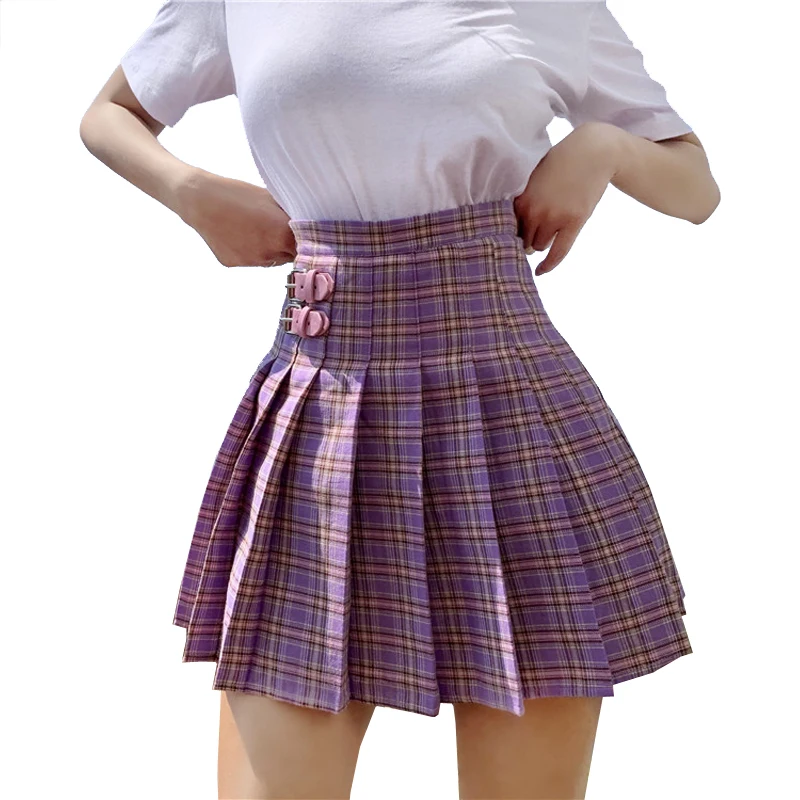 Новинка летние женские юбки в стиле Харадзюку клетку с кожаной пряжкой высокой