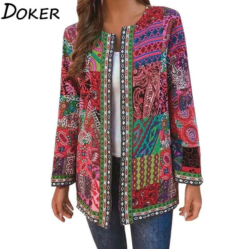 Куртка женская с этническим принтом размера плюс свободный кардиган из хлопка и