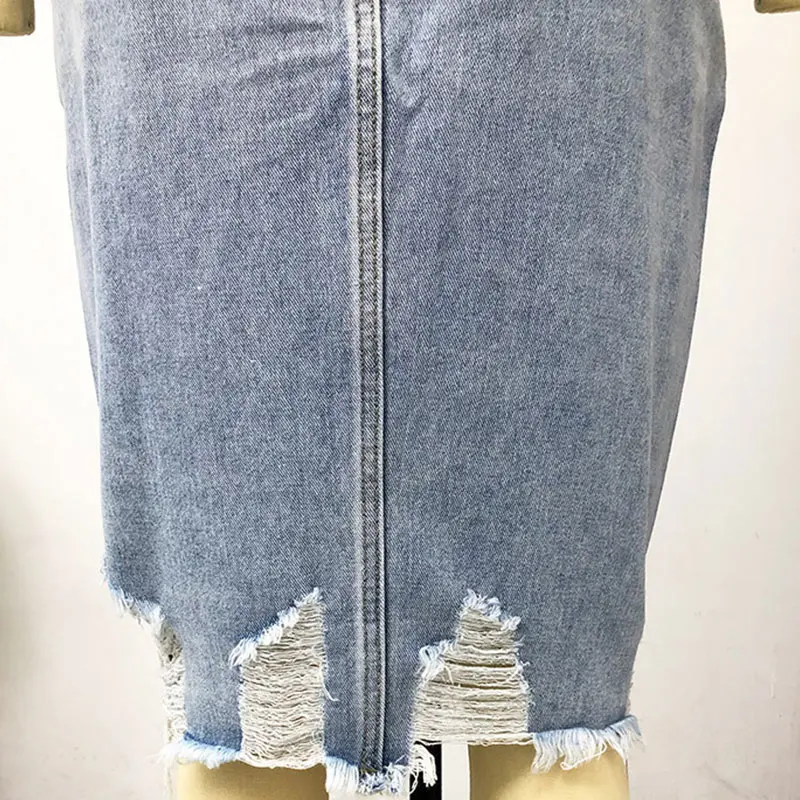 

Denim Ripped Hole Split Women Pencil Skirts Elastic Waist Button Bodycon Female Knee-Length Skirt Summer Slim Casual Lady Bottom