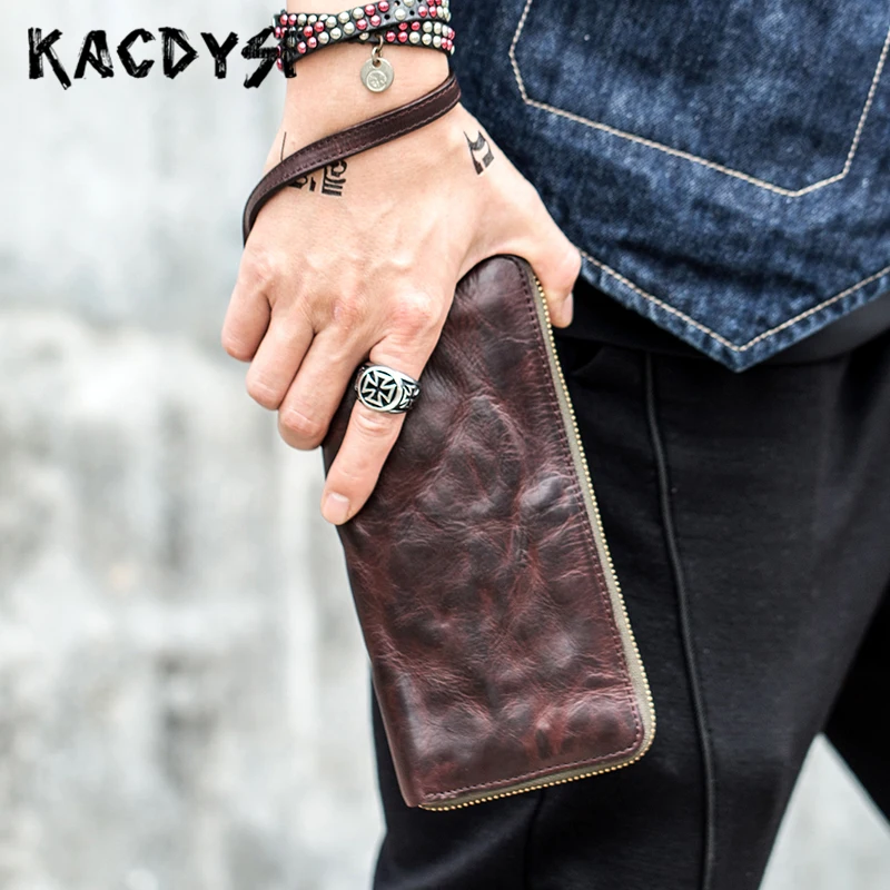High Quality Vintage Real Cowhide Men Wallet Cash Purse Zipper Modern Stylish Male Long Day Clutches Wristlets Wallet Card Case