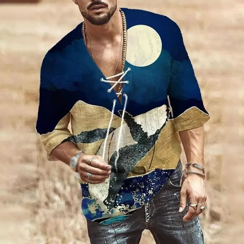 

Fashion Men Casual Retro V-Neck Print Pattern Mid-Sleeve Shirt Casual Loose Tee T-Shirt Blouse Tops 2021 Hot Sale