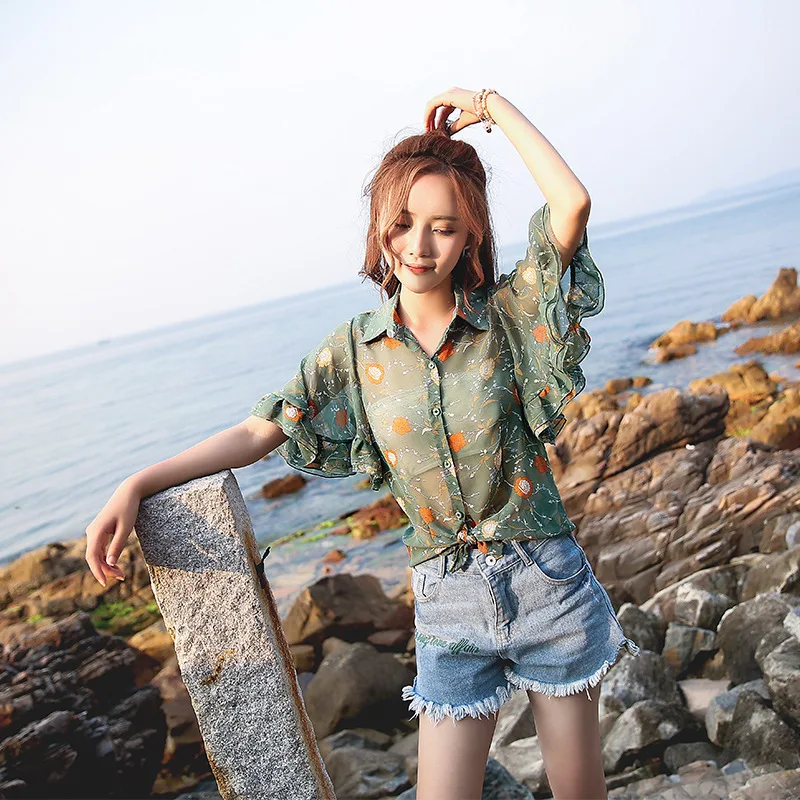 

Fresh Summer New Single-Breasted Loose Slimming Lapel Batwing Sleeve Lotus Leaf Floral Chiffon Shirt Top for Women