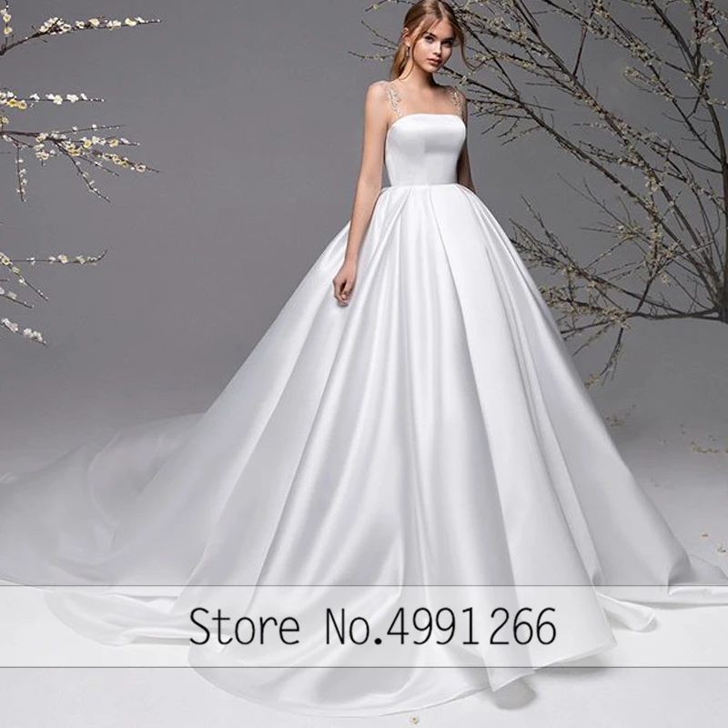 

OllyMurs Luxury pure white soft satin wedding dress Sleeveless backless With transparent shoulder strap Plus size bride