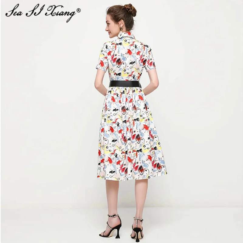 

Seasixiang Fashion Designer Summer Dress Women Turn-down Collar Short Sleeve Sashes Abstract Print Midi Dresses
