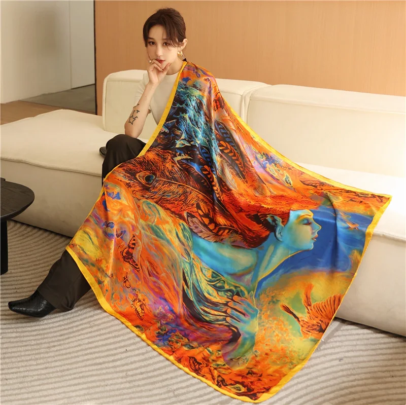 

2022 Spring Summer Luxury Brand Designer Silk Scarf Indian color oil painting Women Shawls And Wraps Soft Long Foulard Bandana