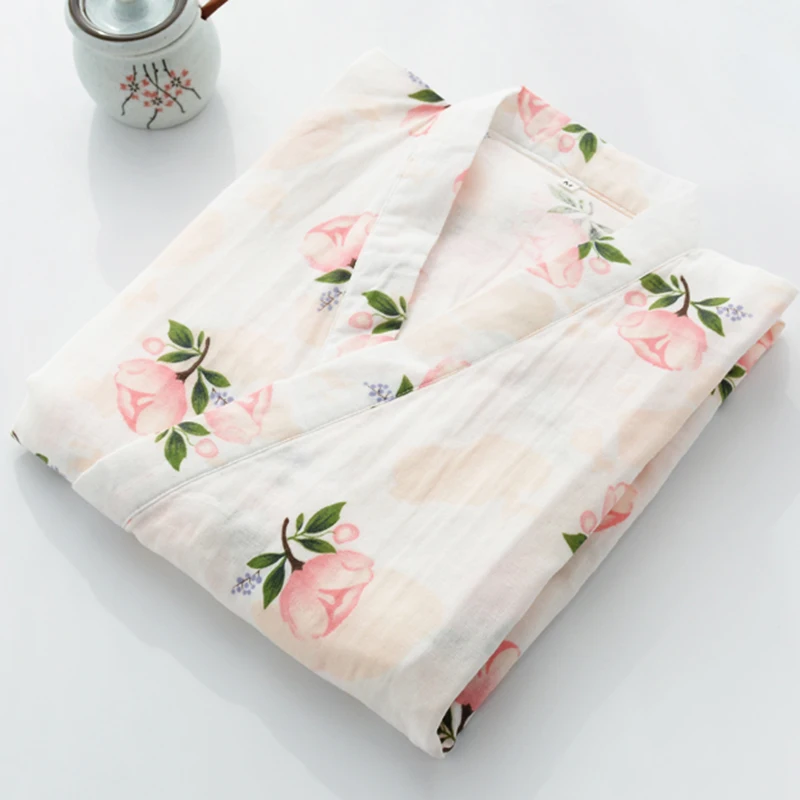 Халат женский хлопковый с принтом тонкий дышащий банный халат-кимоно в японском