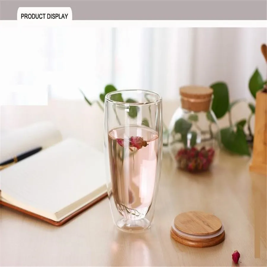 Двухслойное прозрачное стекло 450 мл прозрачная чайная чашка вино с бамбуковой