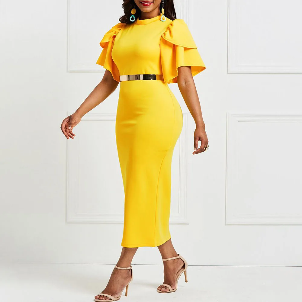 

New 2021 Solid Color Flying Sleeves Slim African Oversize Western Style Fashion Temperament Women's Dress