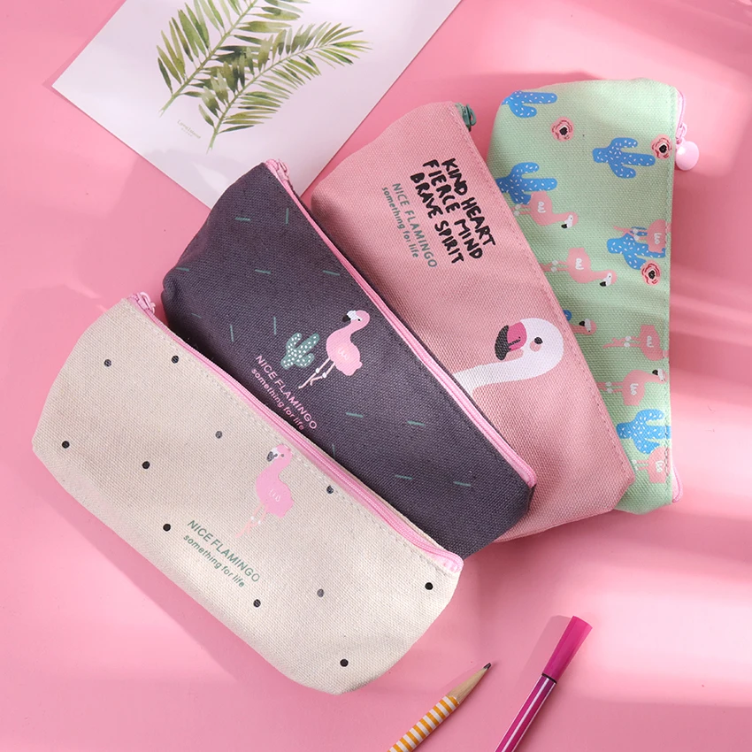 Оригинальный чехол для карандашей холщовые сумки с фламинго Женская ручка пенал