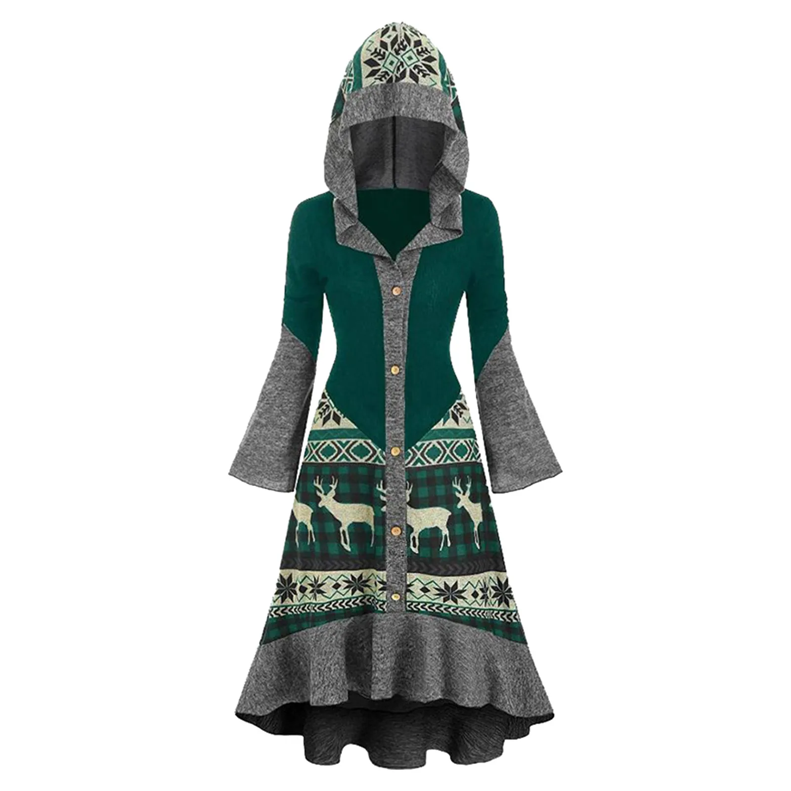 Женское Хлопковое платье с длинным рукавом контрастных цветов капюшоном и