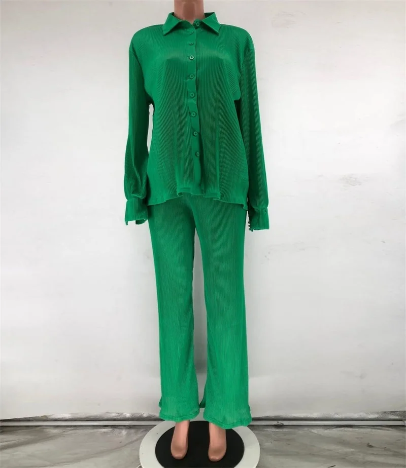 Женский летний костюм-двойка блузка с длинным рукавом и лацканами + длинные брюки