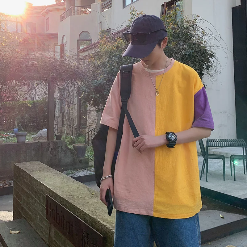 

Funny Patchwork Short Sleeve T-Shirts Men 2021 Summer Casual Contrast Color O-Neck Tops Male Plus Size Tee Fashion Streetwear