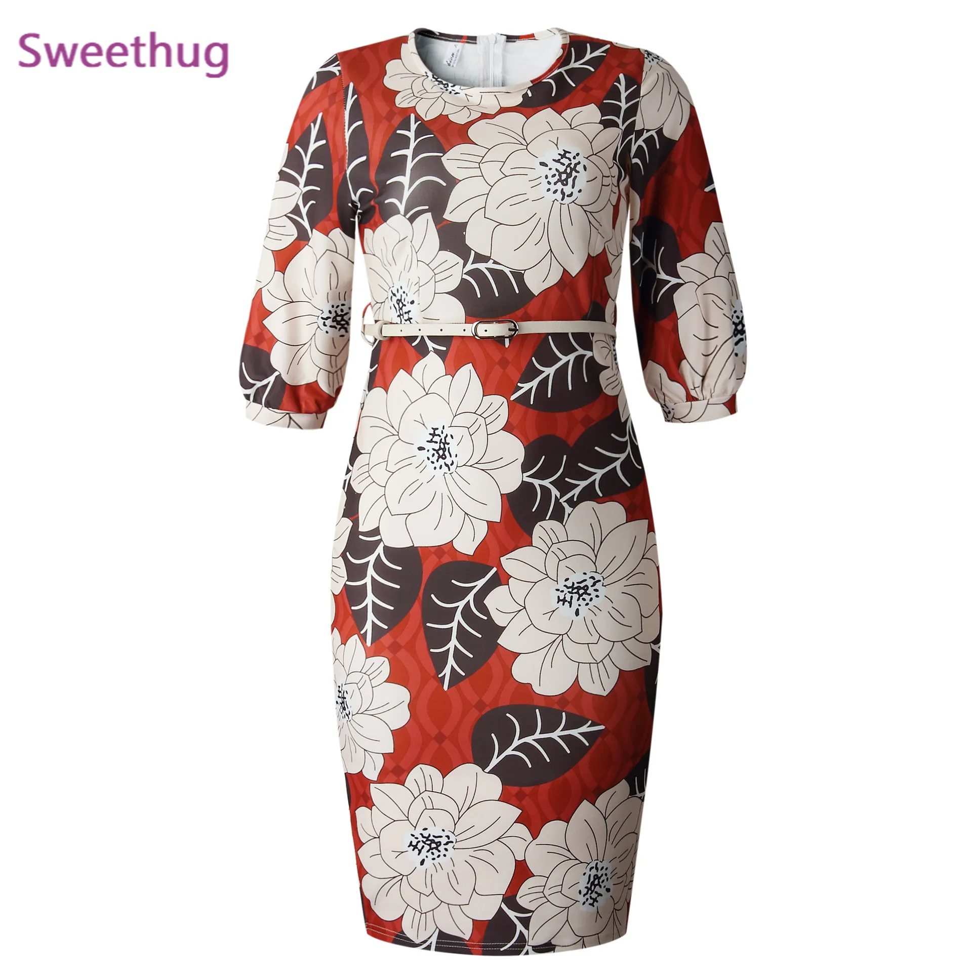 

Print New Dress African Women Elegant Ladies Waist Belt Three Quarter Sleeve Midi Bodycon Office Package Hip Classy Modest