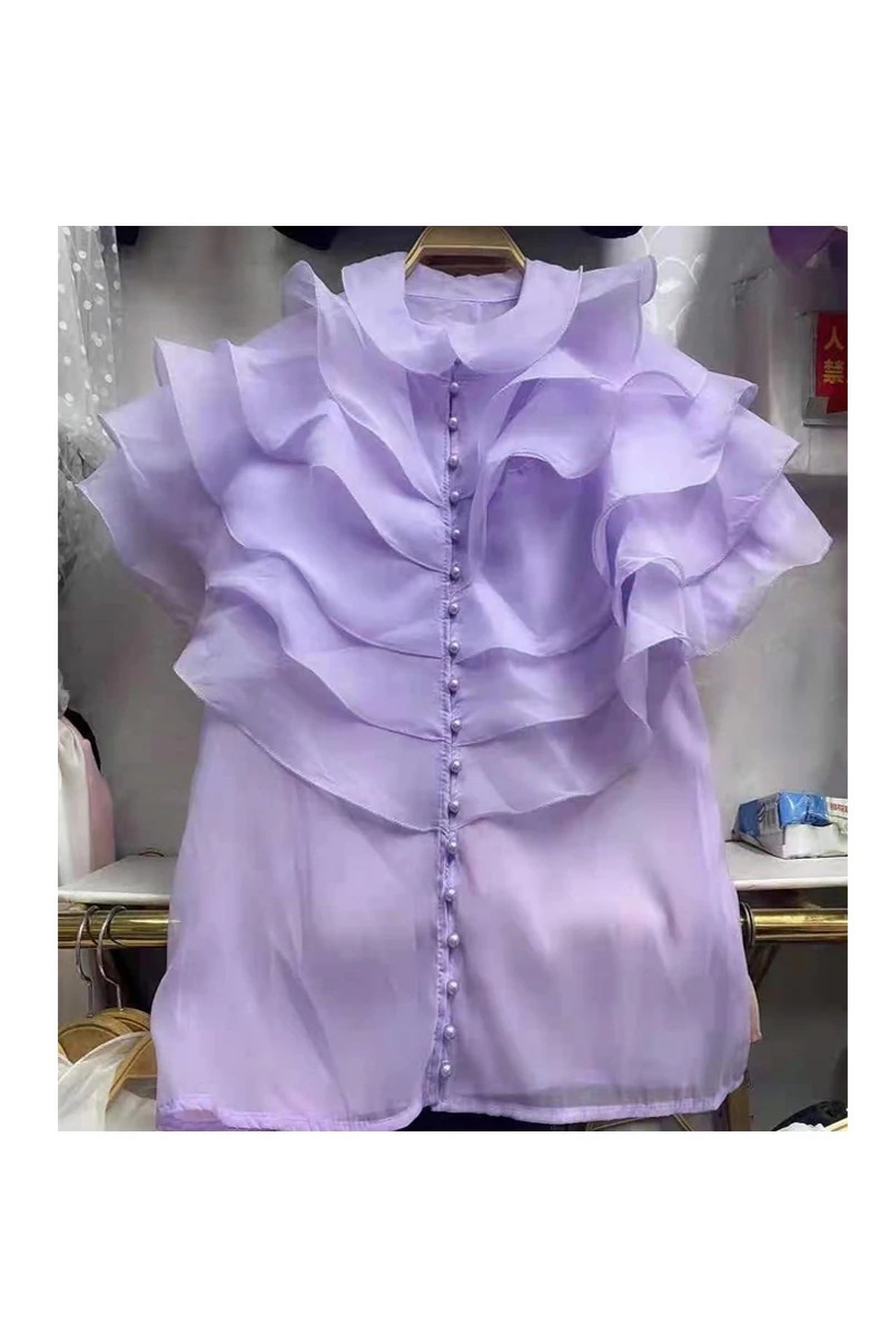 

Summer Short Sleeve Shirt for Women 2021 New Fashion Clothing Slim Fit Slim Ruffles Pearl Button Chiffon Blouse Female Thin Tops