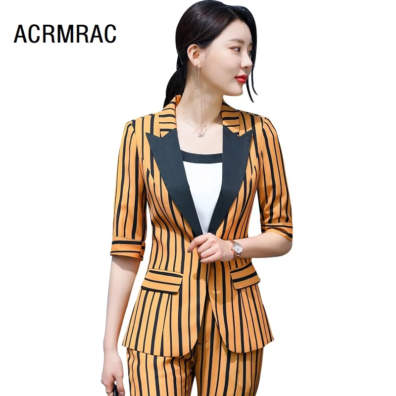 

women suits summer Half sleeve stripe blazers pants Office Lady Formal Work clothes women pants suits woman set suits 9886