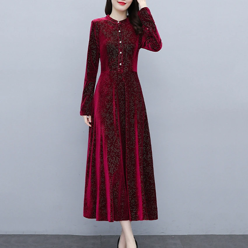 

Autumn Winter Vintage Dresses For Women Long Sleeve Fashion Glitter Casual Long Dress Korean Style Big Swing Dresses Vestidos