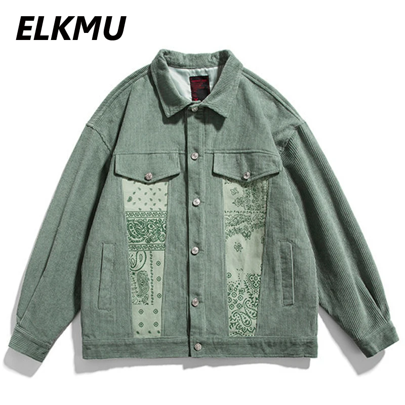

ELKMU Bandana Paisley Pattern Patchwork Jackets Men Autumn Green Jacket Coat Streetwear Harajuku Outerwear Male HM502
