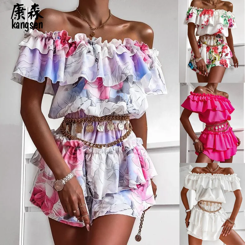 

New High Waist Pants Set Purple Printing Short Women Dress