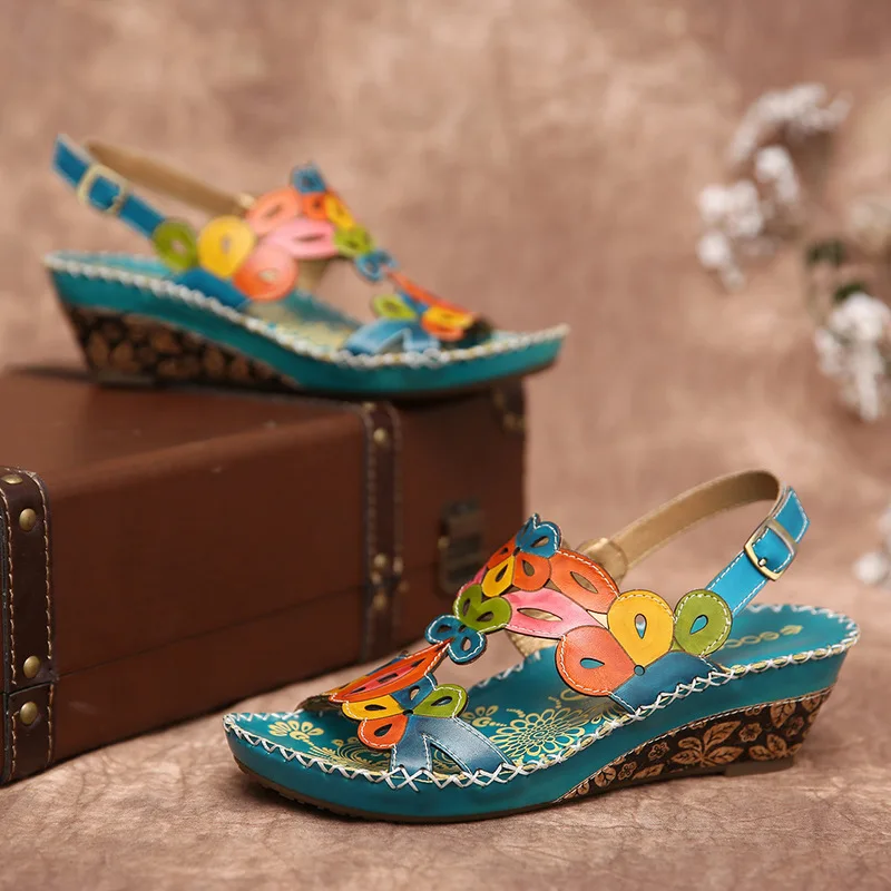 

Women Summer Beach Plus Size Mid Heels Sandals Wedges Shoes Woman Vintage PU Leather Ethic Sandalias Mujer Sapato Feminino