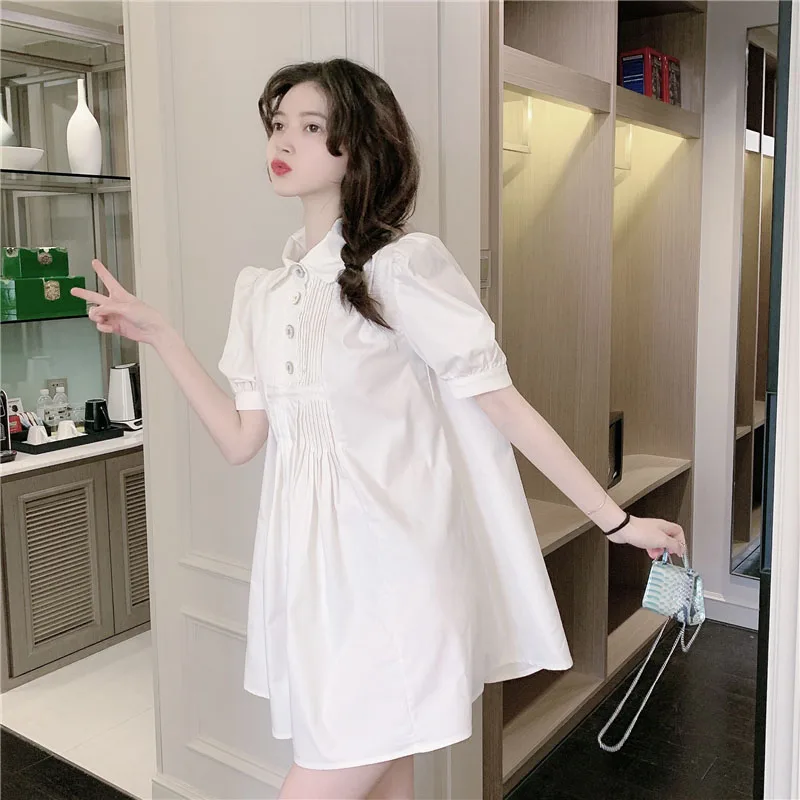 

2021 Summer New Retro Women Mini Dress Korean Sweet Lantern Sleeve Japanese Chic College Style White Temperament One Piece Dress