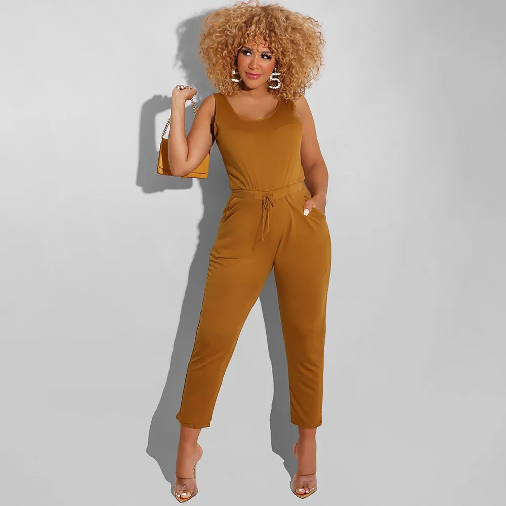 

Casual Solid Color Tight Rompers for Women Fitness Waist Drawstring Sleeveless O Neck Jumpsuit Female Bodycon Clubwear Catsuits